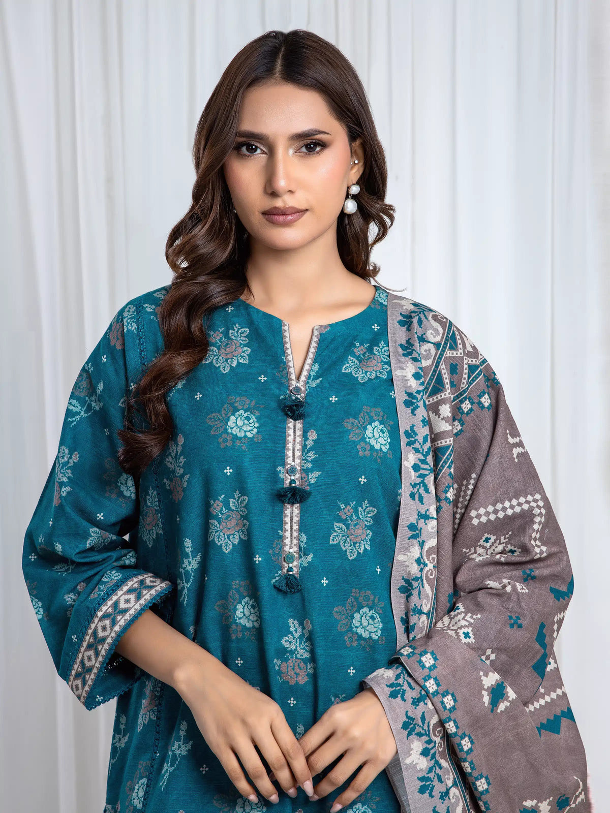 Edenrobe Allure Teal Khaddar 3-Piece Suit | EWU6A3-37071-3P