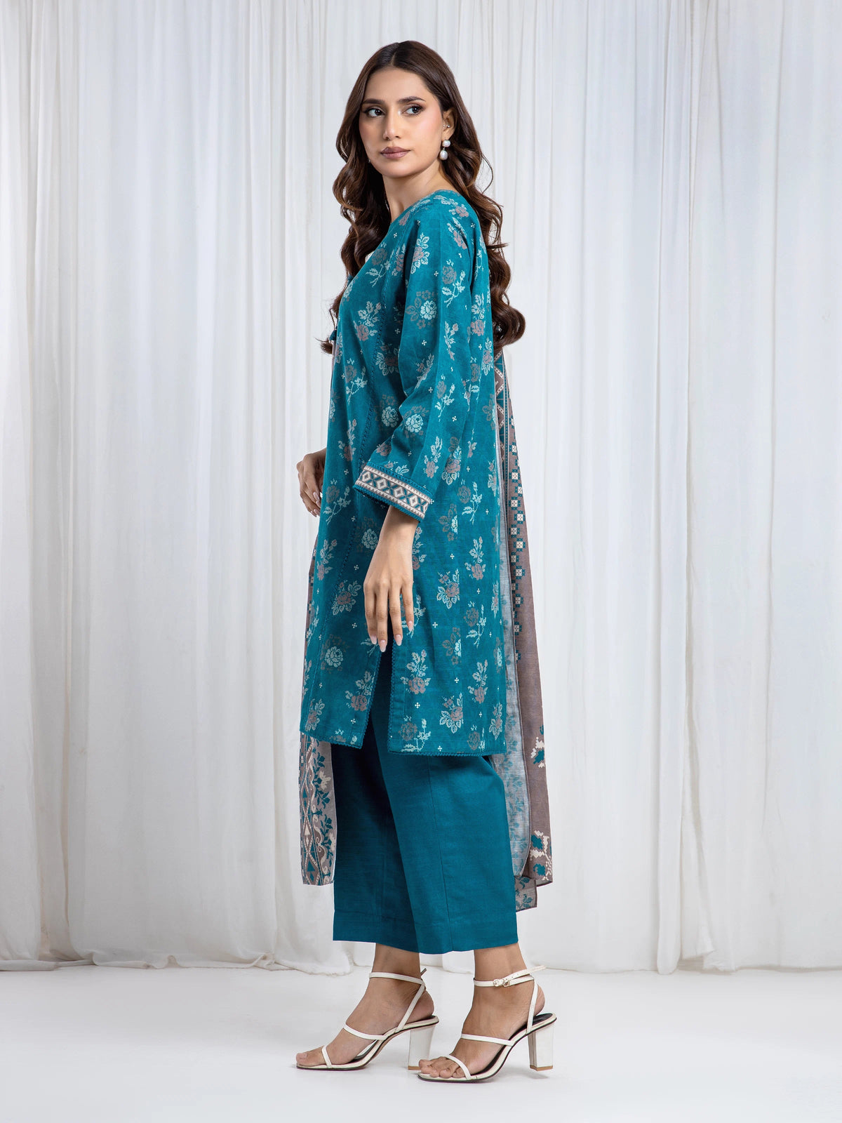 Edenrobe Allure Teal Khaddar 3-Piece Suit | EWU6A3-37071-3P