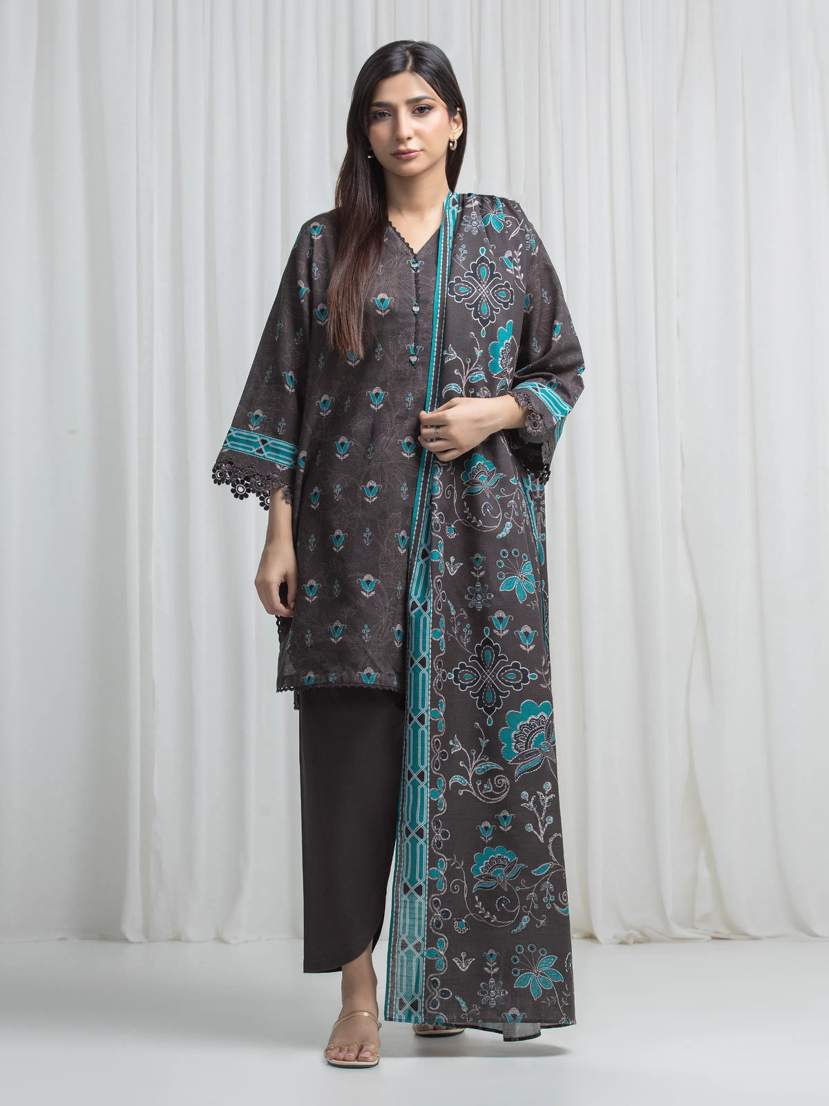 Edenrobe Allure Brown Khaddar 3-Piece Suit | EWU6A3-37035-3P