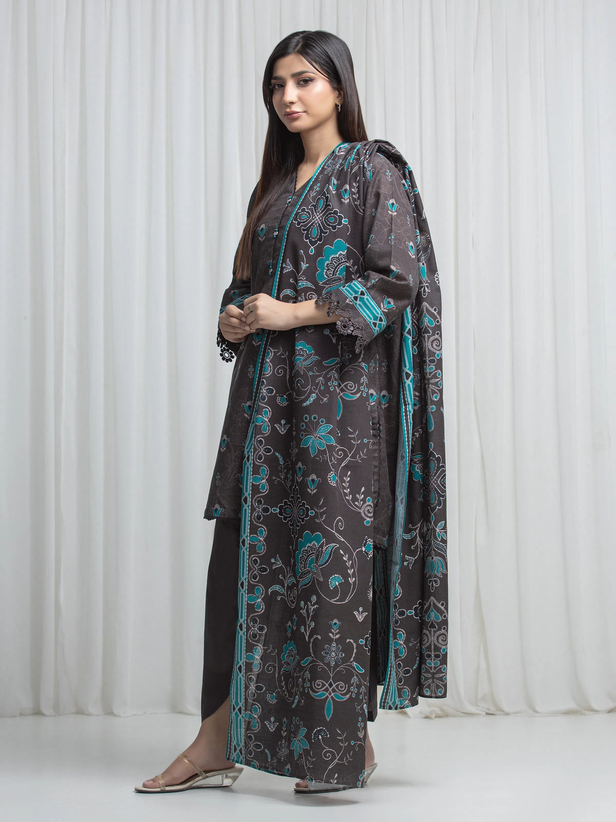 Edenrobe Allure Brown Khaddar 3-Piece Suit | EWU6A3-37035-3P
